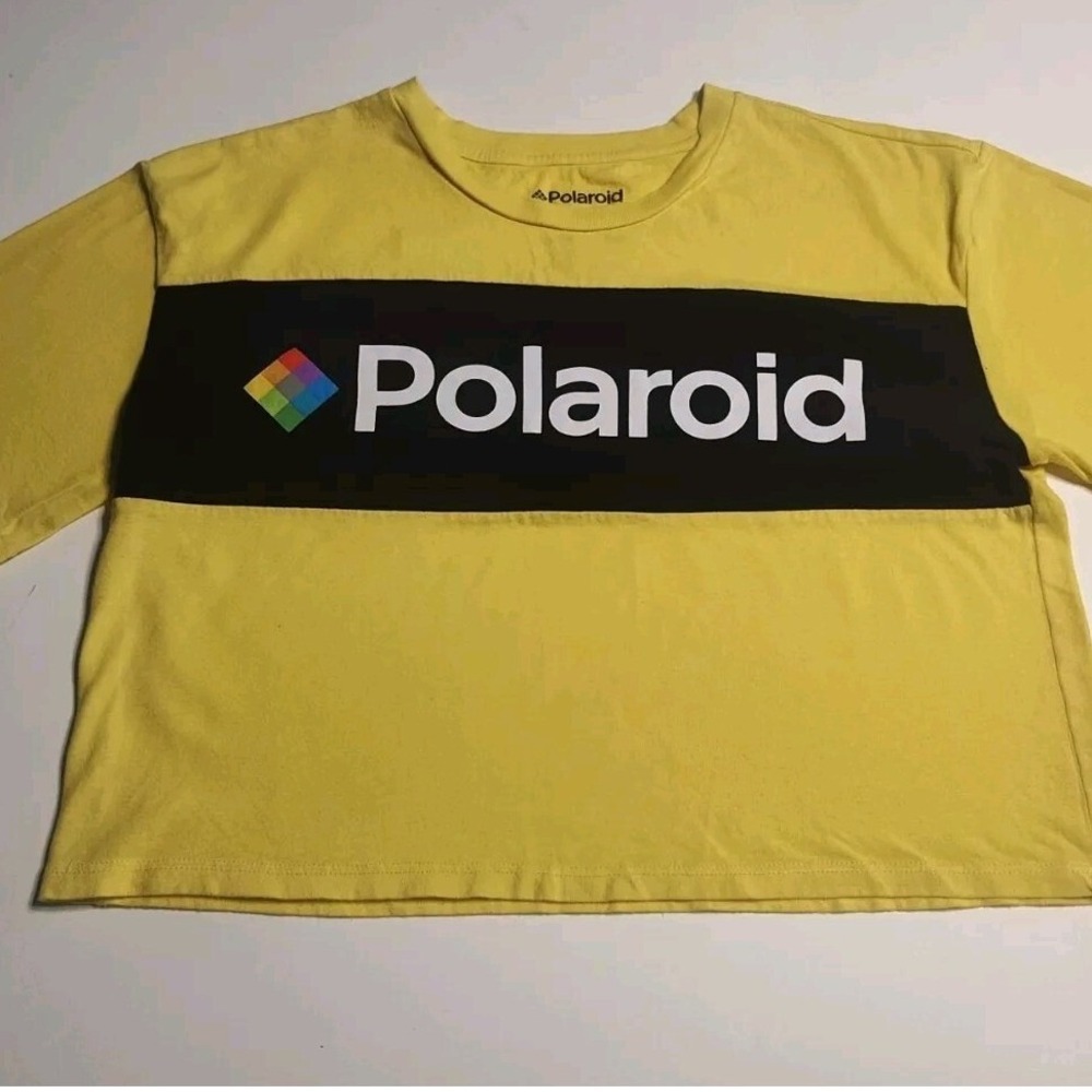 Polaroid Crop Top Women Medium Yellow‎ Black Graphic Logo Retro Boxy Cotton Tee
